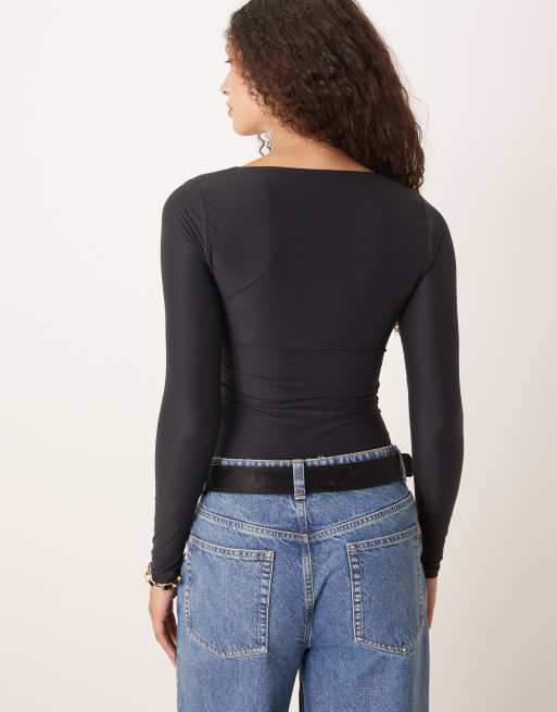 Abercrombie & Fitch sweetheart neckline long sleeve top with bra insert in black, 4 of 4