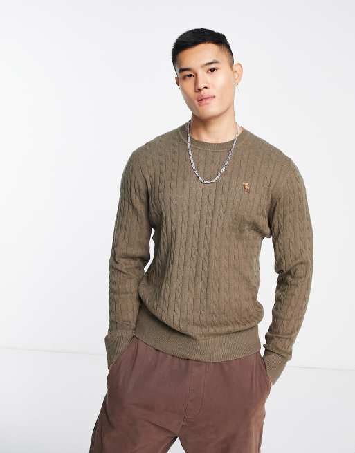 Abercrombie & Fitch – Sweter o warkoczowym splocie w kolorze khaki z logo