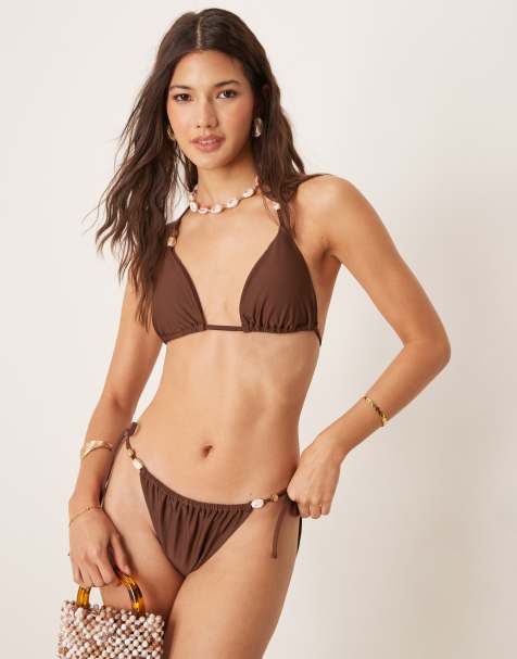Abercrombie & Fitch - Swim - Brune bikinitrusser med bindebånd i siderne og perledetaljer - Del af sæt - view 1
