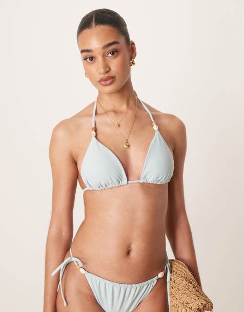 Abercrombie & Fitch swim triangle bikini top with bead detail co-ord in blue