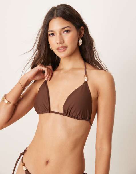 Abercrombie & Fitch swim triangle bikini top with bead detail co-ord in brown - view 1