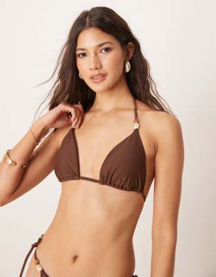 swim triangle bikini top with bead detail in brown - part of a set