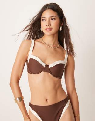 swim wide contrast binding bikini top in brown - part of a set