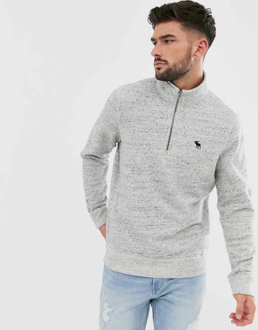Abercrombie & Fitch – Szara melanżowa bluza z małym logo i krótkim zamkiem