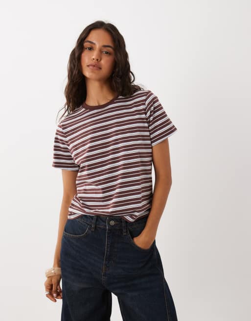 Abercrombie & Fitch T-shirt a maniche corte aderente a righe marroni e blu, 3 di 4