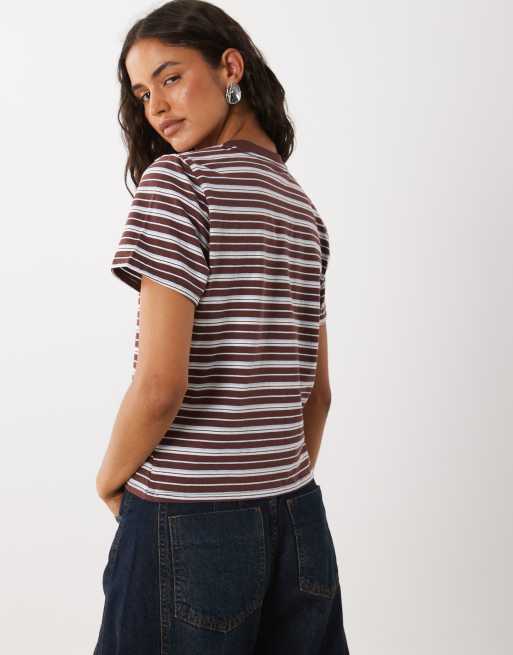 Abercrombie & Fitch T-shirt a maniche corte aderente a righe marroni e blu, 4 di 4