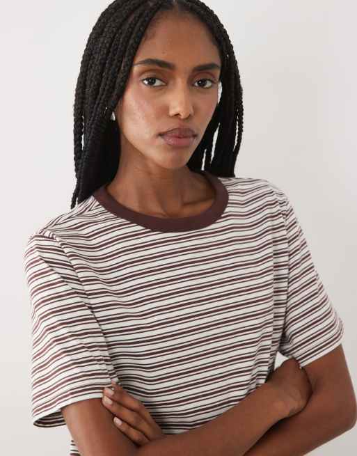 Abercrombie & Fitch - T-shirt a maniche corte marrone e crema a righe, 3 di 4