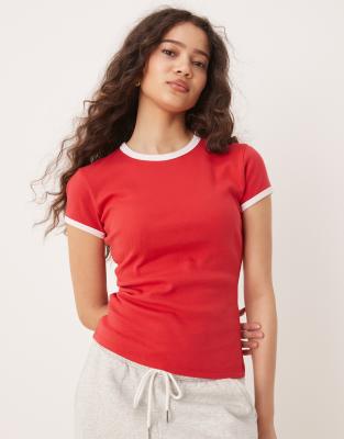 T-shirt ajusté en tissu côtelé - Rouge-Bleu M