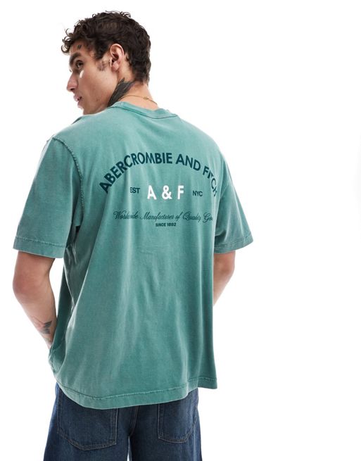 Abercrombie & Fitch - T-shirt avec imprimé logo vintage dans le dos - Bleu/vert délavé