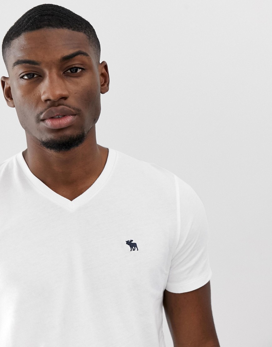 Abercrombie & Fitch - T-shirt bianca con scollo a V e logo-Bianco