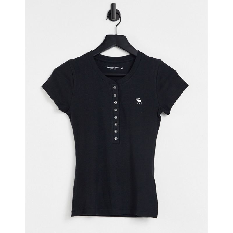 Abercrombie & Fitch - T-shirt button-down con logo, colore nero