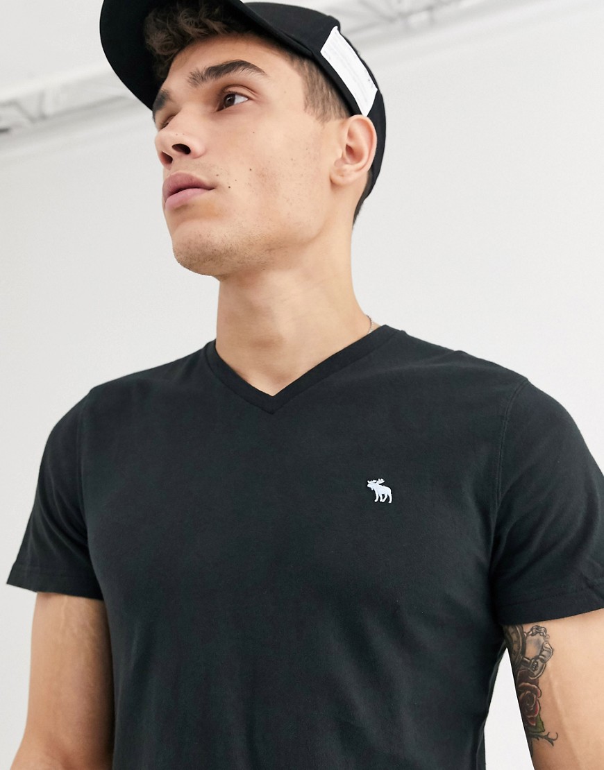 Abercrombie & Fitch - T-shirt con scollo a V e logo nera-Nero