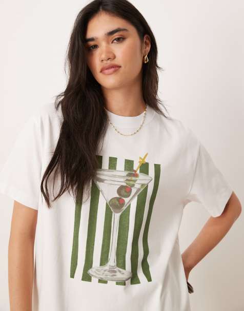 Abercrombie & Fitch - T-shirt coupe boyfriend à manches courtes et motif martini - Blanc - view 1