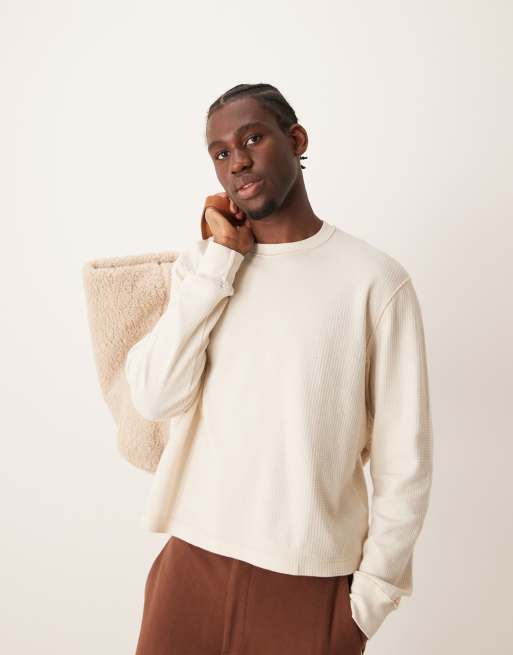 Abercrombie & Fitch - T-shirt crop top en tissu gaufré à manches longues - Beige