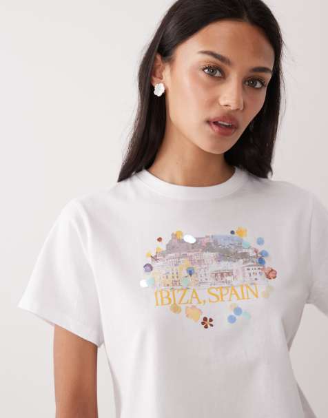 Abercrombie & Fitch - T-shirt effet rétréci à imprimé Ibiza - Blanc - view 1