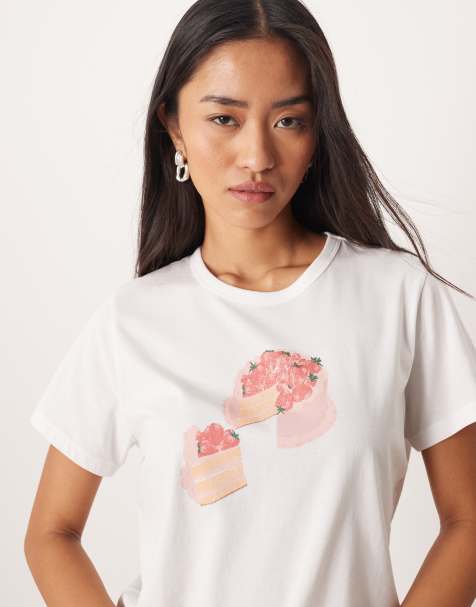 Abercrombie & Fitch - T-shirt effet rétréci avec motif part de gâteau - Blanc - view 1