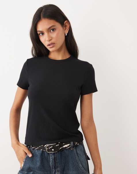 Abercrombie & Fitch - T-shirt en maille pointelle à manches courtes et col boutonné - Noir - view 1