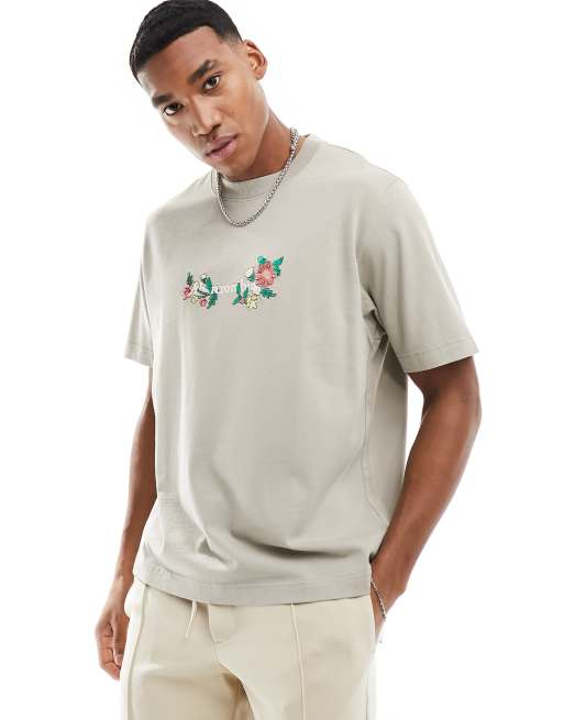 Abercrombie & Fitch - T-shirt épais avec logo sur la poitrine et broderies fleuries - Beige 