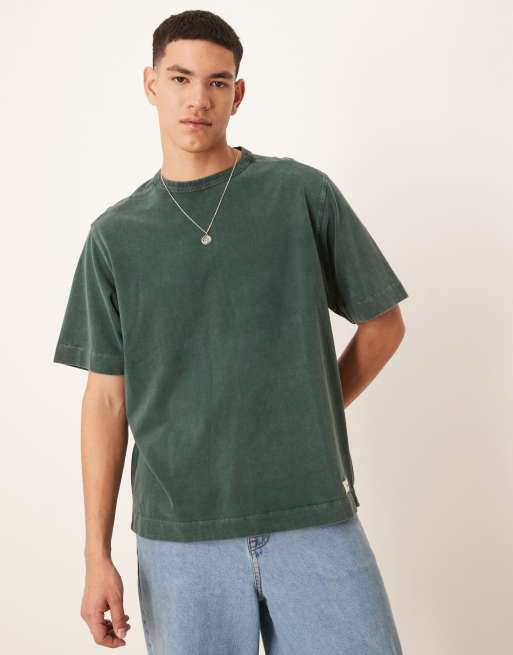 Abercrombie & Fitch - T-shirt épais de qualité supérieure à étiquette logo - Vert délavé