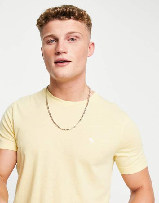 Abercrombie & Fitch – T-Shirt in Gelb mit abgerundetem Saum und markentypischem Logo