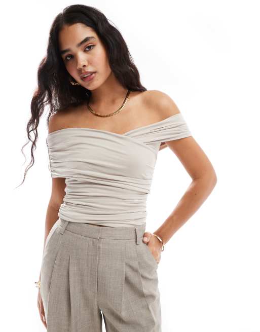 Abercrombie & Fitch – T-Shirt in Grau mit gewickelter Vorderseite