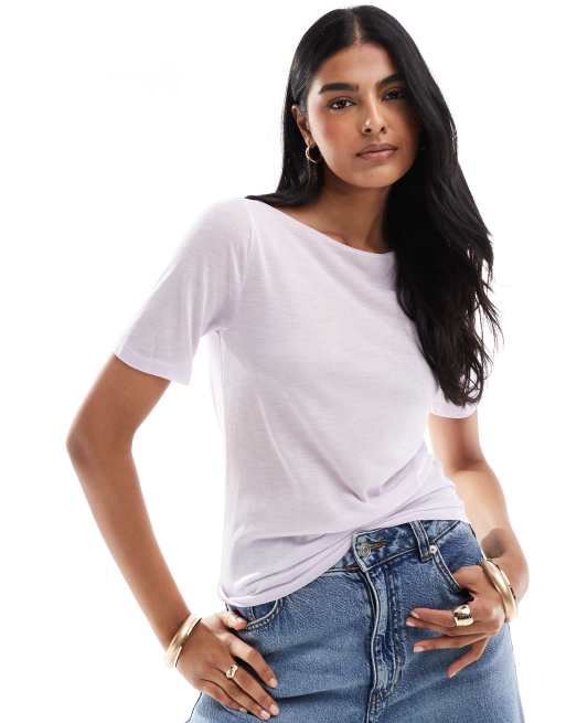 Abercrombie & Fitch - T-shirt in jersey trasparente lavanda con scollo a barchetta