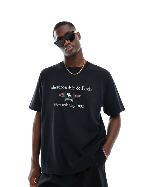 Abercrombie & Fitch – T-Shirt in Schwarz mit Retro-Wappenlogo