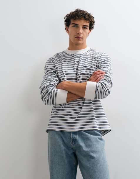 Abercrombie & Fitch t-shirt manches longues oversize en tissu épais à rayures blanches et bleu marine - view 1