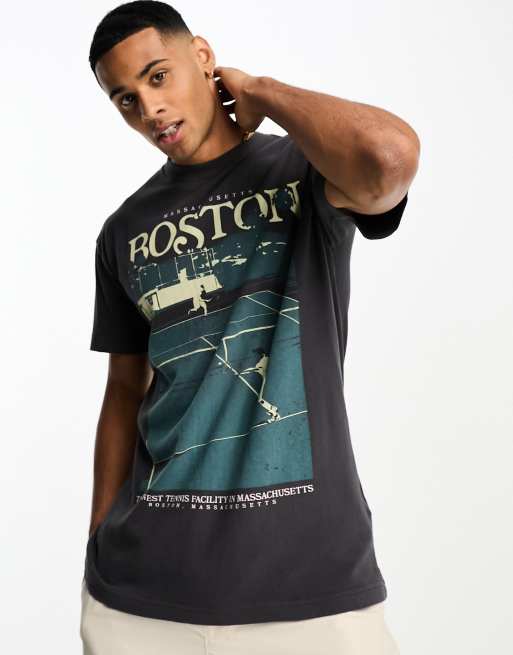 Abercrombie & Fitch - T-shirt med retro-tennisprint i forvasket sort