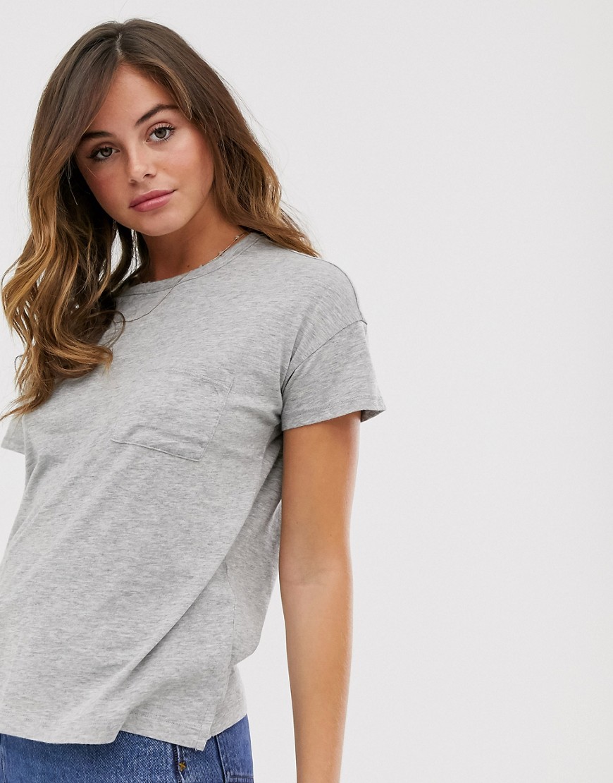 Abercrombie & Fitch – T-shirt med sänkt axelsöm-Grå