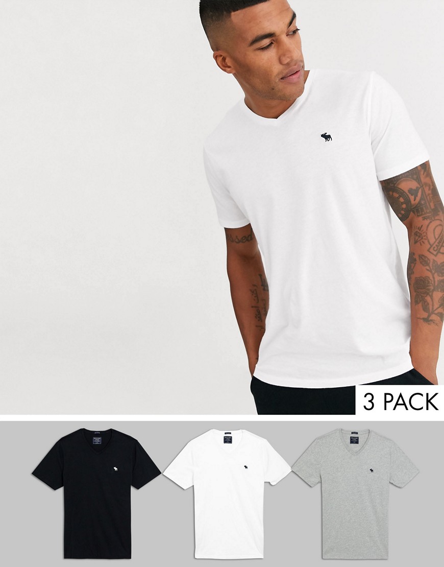 Abercrombie & Fitch - t-shirt med v-hals og ikonisk logo i hvid/grå/sort - 3-pak-Multifarvet