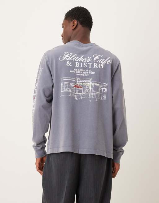 Abercrombie & Fitch - T-shirt met 'Coffee' opdruk en korte mouwen in verwassen blauw