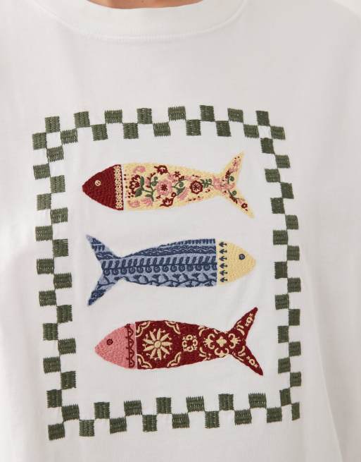 Abercrombie & Fitch - T-shirt oversize à broderie poisson - Blanc, 4 de 4