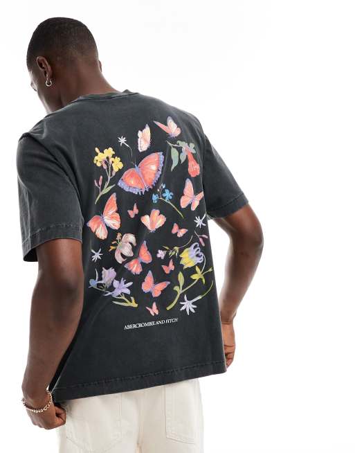 Abercrombie & Fitch - T-shirt oversize imprimé au dos avec logo vintage - Noir délavé