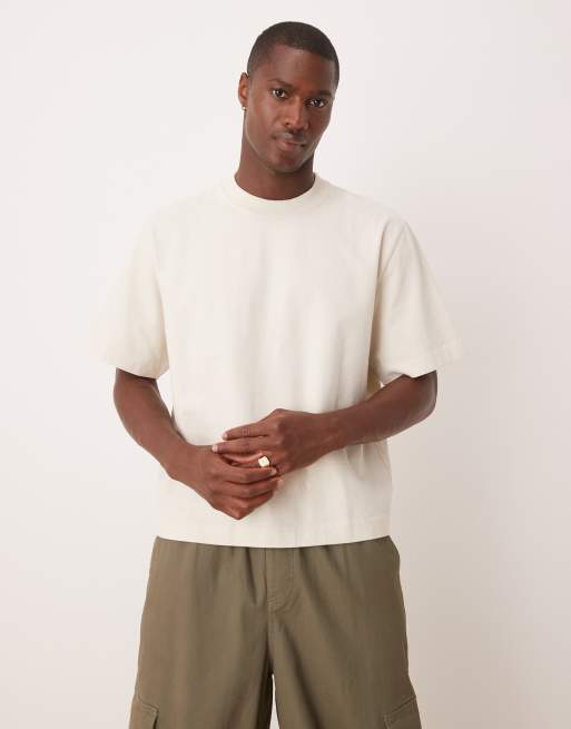 Abercrombie & Fitch - T-shirt premium taglio corto in tessuto pesante a righe beige