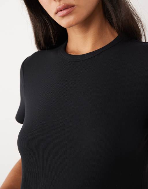 Abercrombie & Fitch - T-shirt serafino a maniche corte nera traforata, 3 di 4