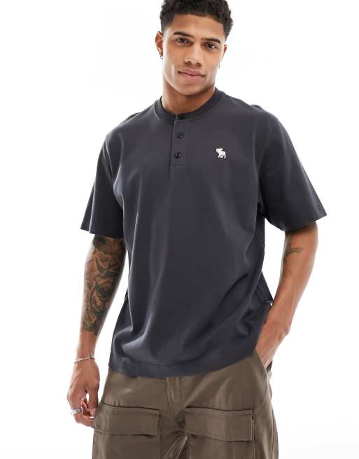 Abercrombie & Fitch - T-shirt serafino pesante color antracite con logo