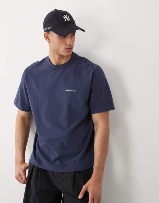 Abercrombie & Fitch - T-shirt squadrata oversize a maniche corte blu navy con logo in corsivo