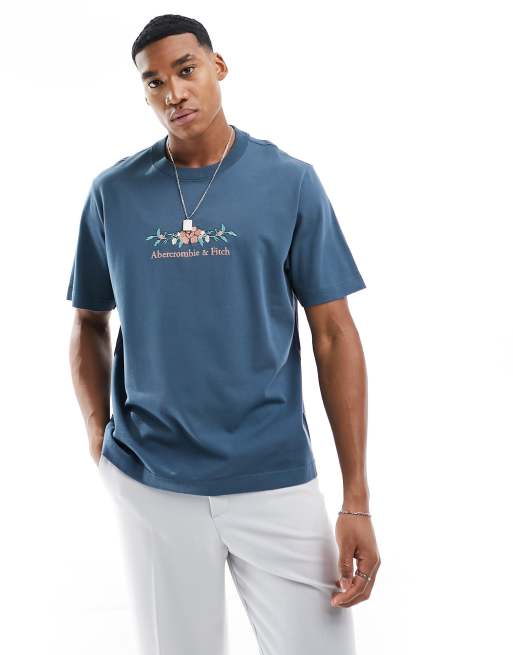Abercrombie & Fitch - T-shirt van zware kwaliteit met geborduurde bloemen en logo op de borst in donkerblauw