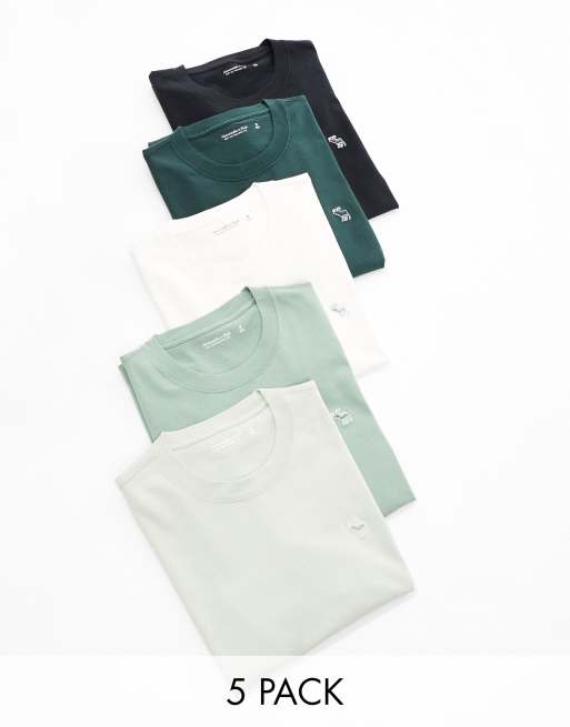 Abercrombie & Fitch – T-Shirts in Schwarz/Grün/Weiß mit Logo im 5er-Set mit erhöhtem Markenlogo