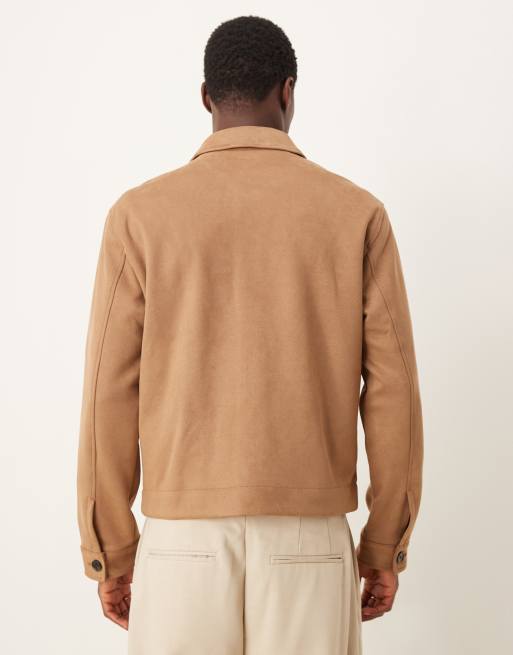Abercrombie & Fitch tailored faux suede button front jacket in tan, 3 of 4