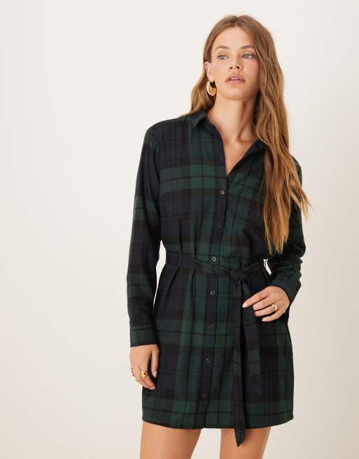 Abercrombie & Fitch – Taliowana sukienka mini z długimi baryłkowymi rękawami w granatową kratkę