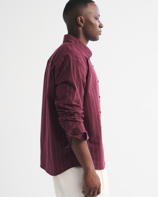 Abercrombie & Fitch Tall icon oxford button-up shirt in wine red stripe, 4 of 4