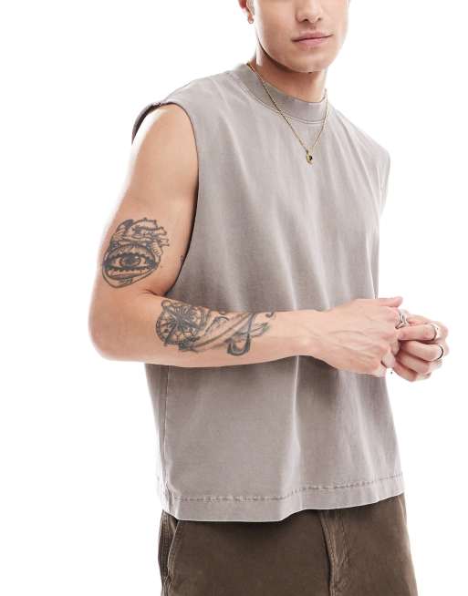Abercrombie & Fitch - Tanktop van zware stof met acid wash in taupe