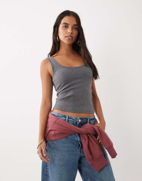 Abercrombie & Fitch tanktop zonder bh met lage ronde hals in grijs - view 1