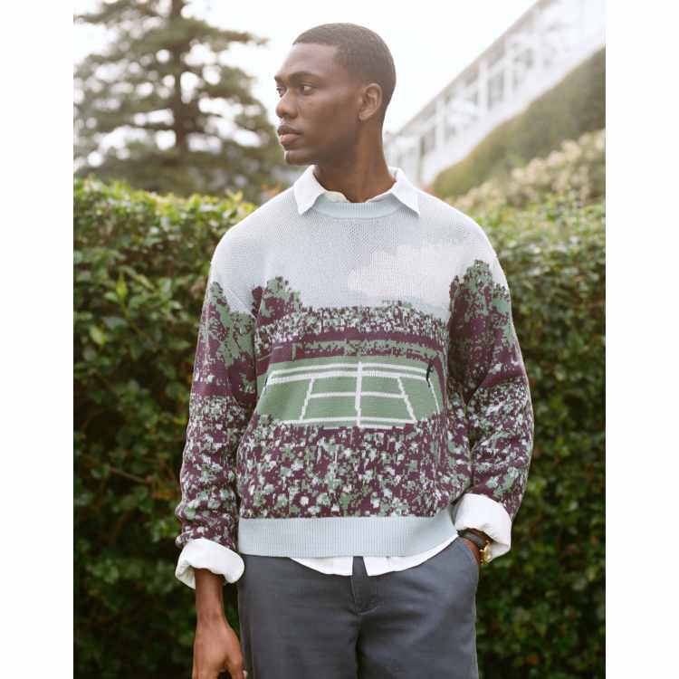 Abercrombie & Fitch tennis inspired graphic knit crew neck sweater 