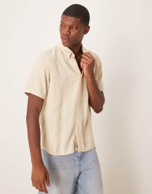 textured linen collar detail short sleeve shirt in cream-White