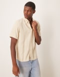 [Abercrombie & Fitch] Abercrombie & Fitch textured linen collar detail short sleeve shirt in cream-White XL CREAM