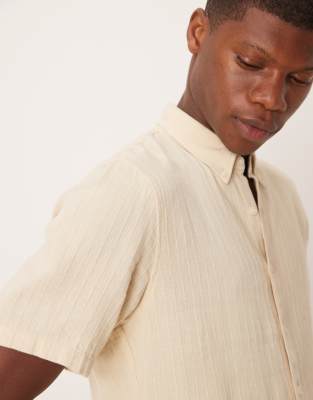 Abercrombie & Fitch Textured Linen Collar Detail Short Sleeve Shirt In White