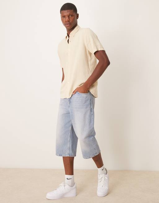 Abercrombie Fitch textured linen collar detail short sleeve shirt in cream